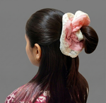 Load image into Gallery viewer, Radhu & Kabby Premium Lace Frill Hair Scrunchie for Women & Girls | Pack of 2 Soft Elastic Ponytail Holder with Floral Design