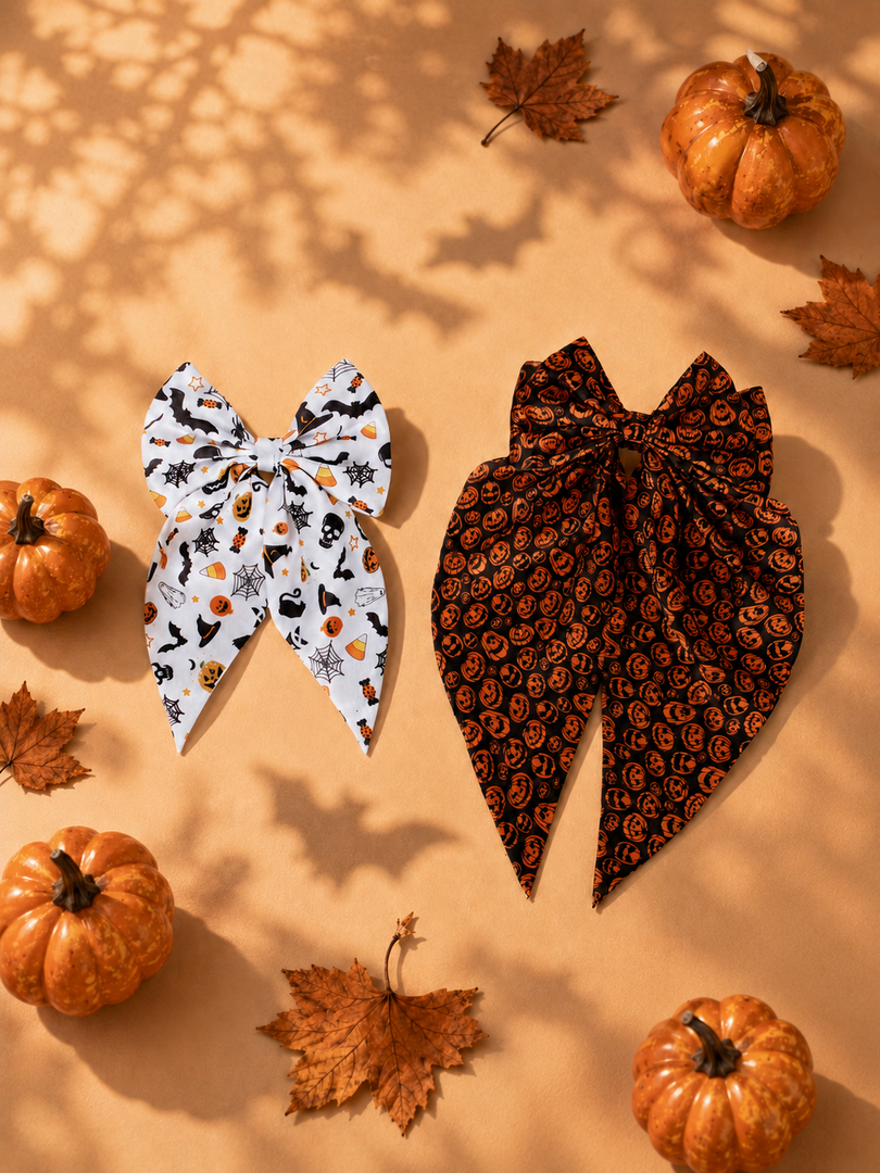 Radhu & Kabby Halloween Statement Hair Bow | Elegant Spooky & Pumpkin Printed Hair Accessories for Girls/Women