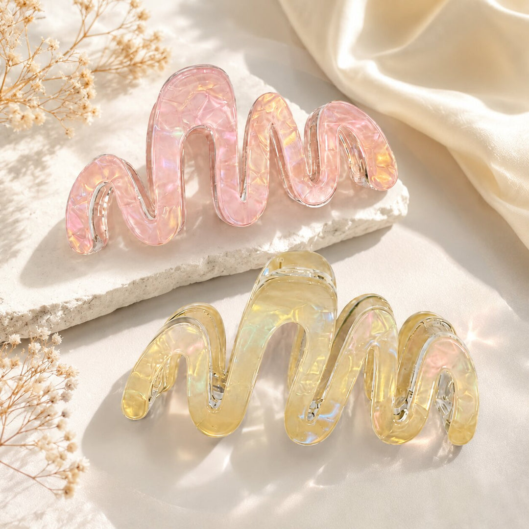 Radhu & Kabby Pastel Wavy Hair Claw Clips for Women | Trendy Transparent Wave-Shaped Hair Claws for Daily Wear & Stylish Updos | Pack of 2