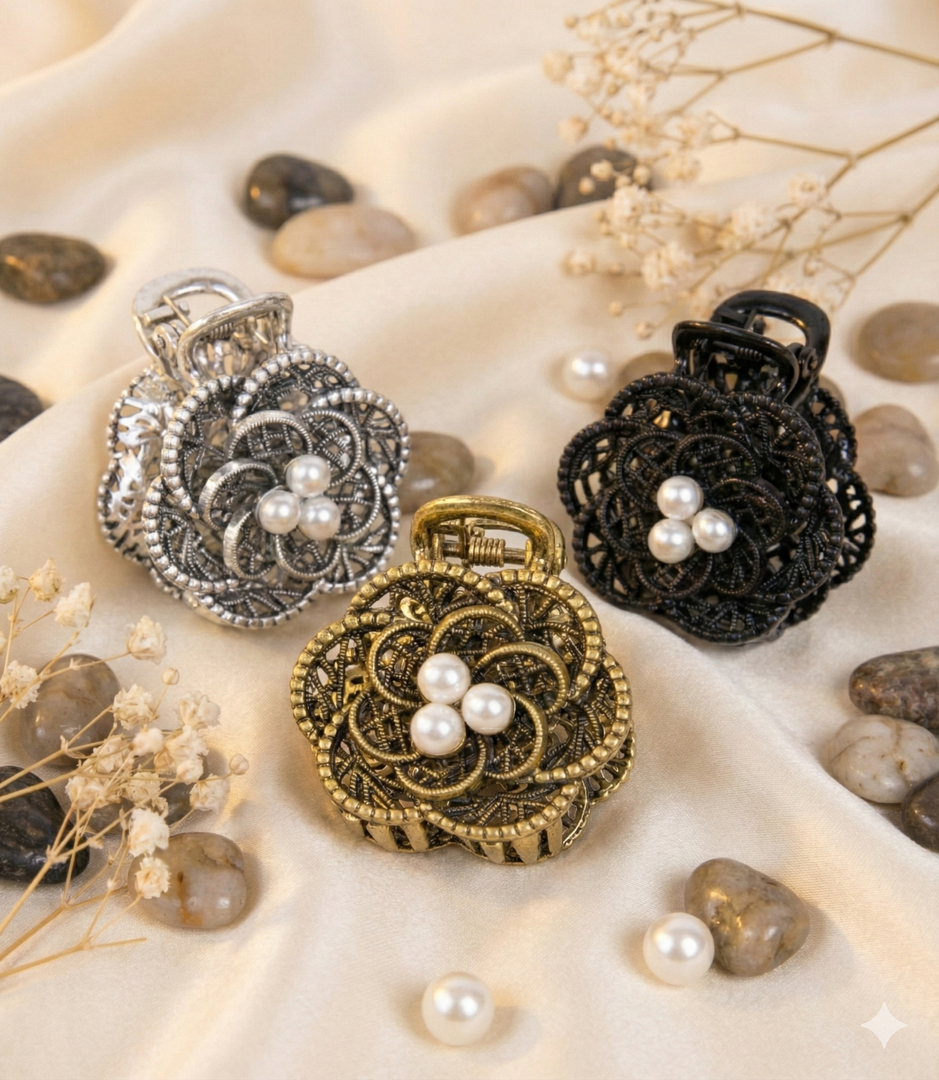 Radhu & Kabby Metal Floral Hair Claw Clip | Black, Silver & Gold Vintage Style Mini Claw Clips with White Pearl