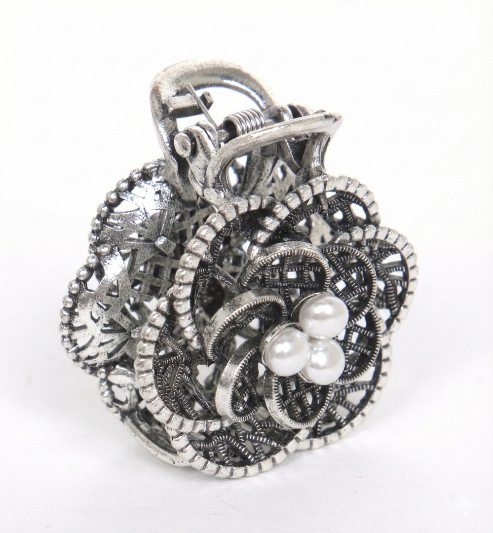 Radhu & Kabby Metal Floral Hair Claw Clip | Black, Silver & Gold Vintage Style Mini Claw Clips with White Pearl