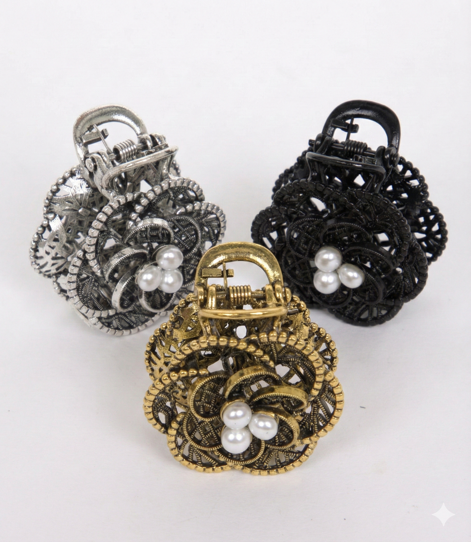 Radhu & Kabby Metal Floral Hair Claw Clip | Black, Silver & Gold Vintage Style Mini Claw Clips with White Pearl