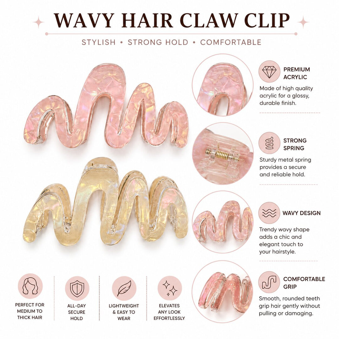 Radhu & Kabby Pastel Wavy Hair Claw Clips for Women | Trendy Transparent Wave-Shaped Hair Claws for Daily Wear & Stylish Updos | Pack of 2