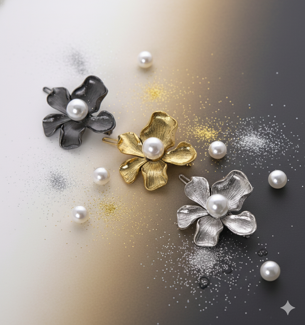 Radhu & Kabby Metal Flower Hair Pin Set | Gold, Silver & Black Floral Hair Clips with Pearl Center for Wome/Girls