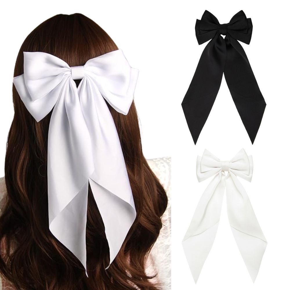 Satin Hair Bow Clips Black & White Set of 2