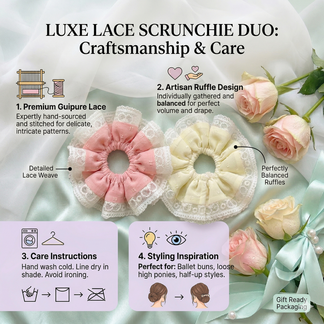 Radhu & Kabby Premium Lace Frill Hair Scrunchie for Women & Girls | Pack of 2 Soft Elastic Ponytail Holder with Floral Design