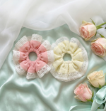Load image into Gallery viewer, Radhu &amp; Kabby Premium Lace Frill Hair Scrunchie for Women &amp; Girls | Pack of 2 Soft Elastic Ponytail Holder with Floral Design