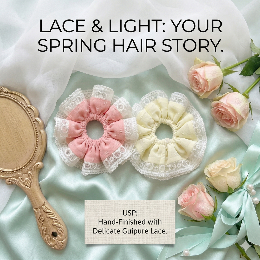 Radhu & Kabby Premium Lace Frill Hair Scrunchie for Women & Girls | Pack of 2 Soft Elastic Ponytail Holder with Floral Design