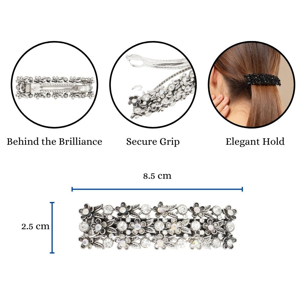 Radhu & Kabby Silver Barrette Hair Clip For Girls/Women | Set of 1 Metal Hair Barrette | Vintage Style with Stone Accents