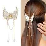 Load image into Gallery viewer, Butterfly Hair Clutcher with Pearl Chain and White Coloured Stones - Golden Finish
