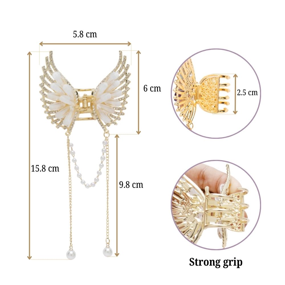 Butterfly Hair Clutcher with Pearl Chain and White Coloured Stones - Golden Finish