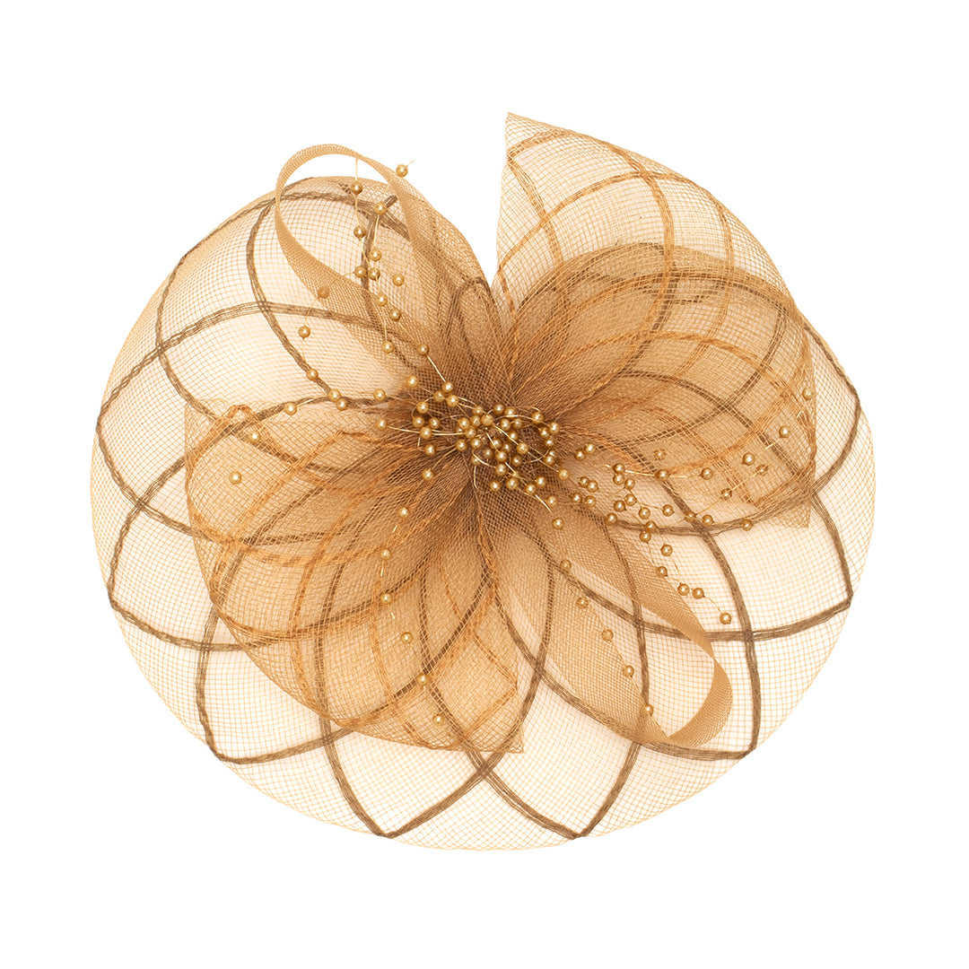 Radhu & Kabby Fascinator Hat for Girls/Women | Set of 1 Elegant Pearl & Mesh Bow Design | Brown Hat with Alligator Clips & Headband