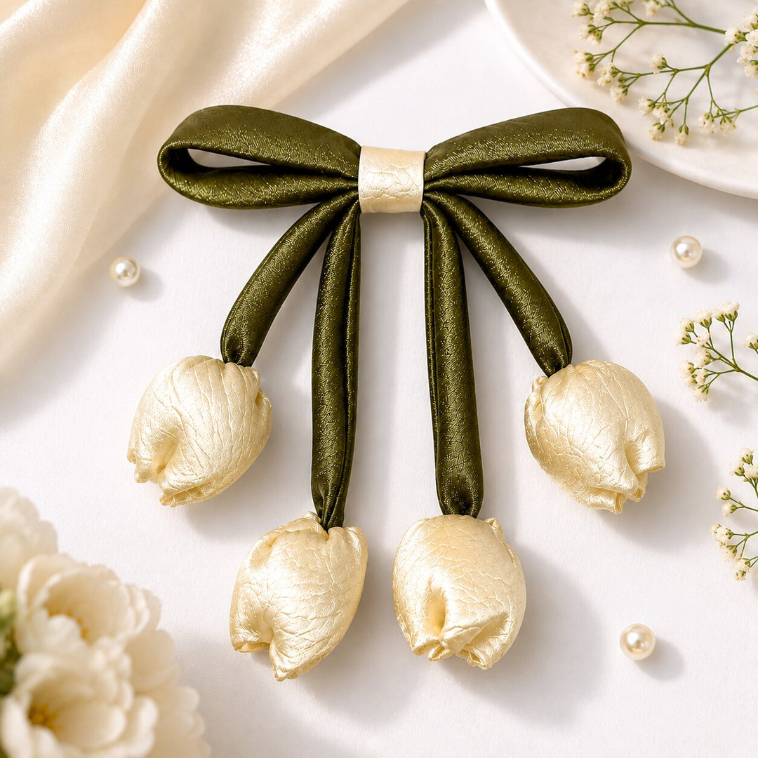Radhu & Kabby White Tulip Hair Bow Clip for Women |  Elegant Hair Bow with Secure Metal Clip | Pack of 1