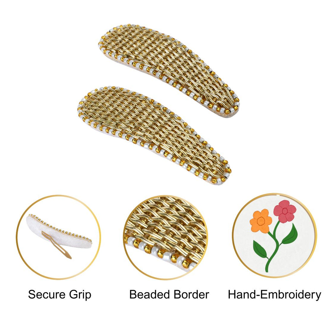 Hair Tic Tac Pins with Golden Embroidery For Girls & Women