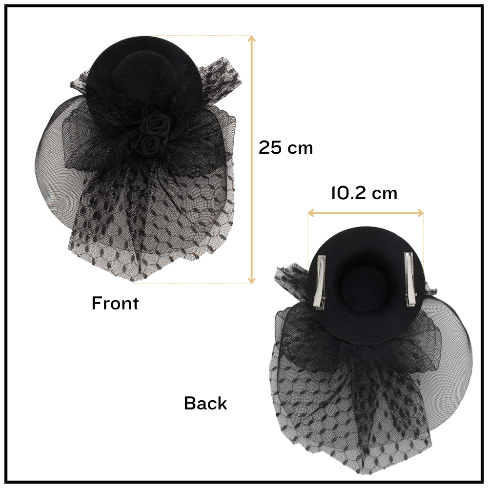 Radhu & Kabby Black Fascinator Hat with Hexagonal Mesh Veil Bow and Roses | Two Alligator Clips for Grip