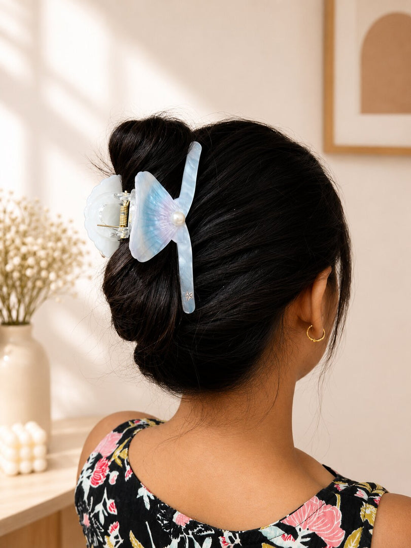 Radhu & Kabby Mermaid Seashell Hair Claw Clip for Women | Pearl Accent Ocean-Inspired Hair Accessory with Strong Hold for Buns, Half-Up Styles