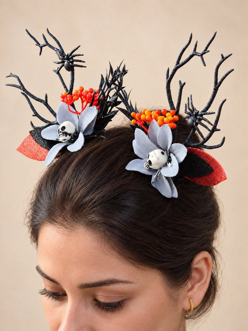 Radhu & Kabby Wicked Bloom Halloween Hair Clips for Women | Skull Spider Floral Hair Accessories Set of 2