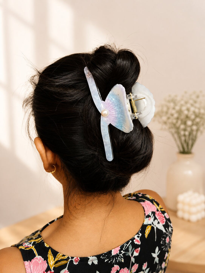 Radhu & Kabby Mermaid Seashell Hair Claw Clip for Women | Pearl Accent Ocean-Inspired Hair Accessory with Strong Hold for Buns, Half-Up Styles