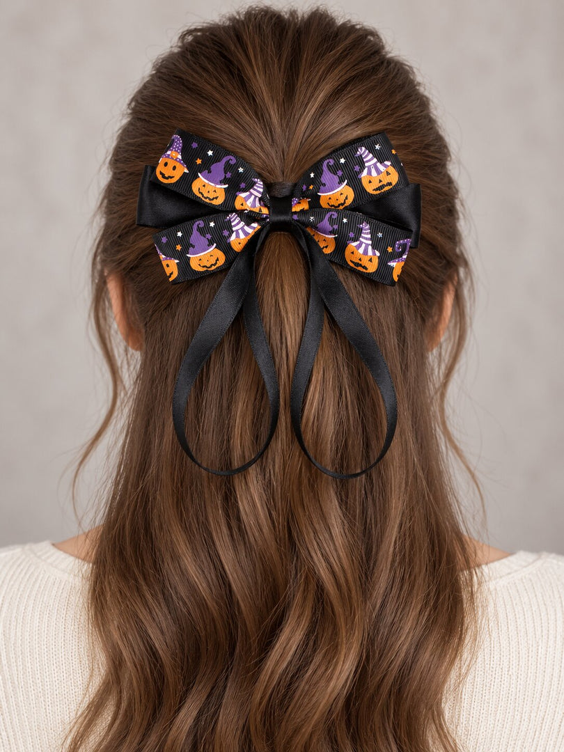 Radhu & Kabby Halloween Hair Bows for Women | Pumpkin & Bat Printed Hair Accessories