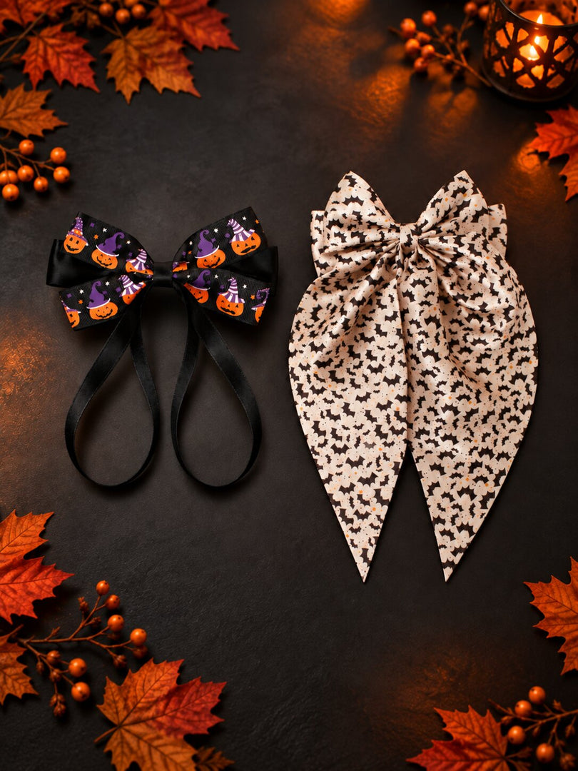Radhu & Kabby Halloween Hair Bows for Women | Pumpkin & Bat Printed Hair Accessories