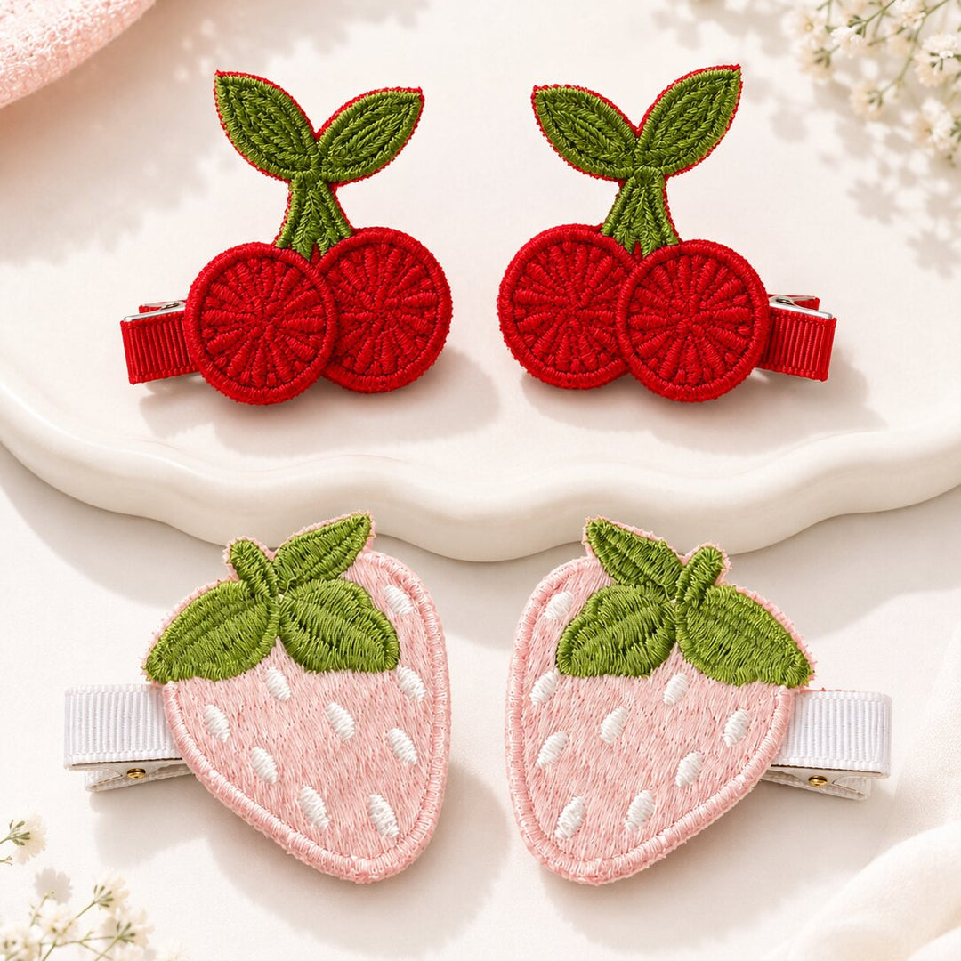 Cherry & Strawberry Embroidered Hair Clips – Red & Pink | Pack of 4