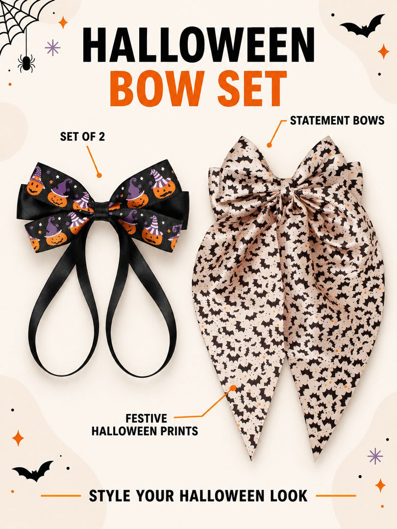 Radhu & Kabby Halloween Hair Bows for Women | Pumpkin & Bat Printed Hair Accessories