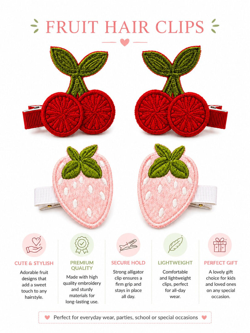 Cherry & Strawberry Embroidered Hair Clips – Red & Pink | Pack of 4