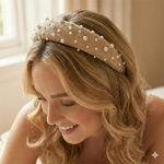Load image into Gallery viewer, Radhu &amp; Kabby Elegant Beige Jute Fabric Hairband Decorated with White Pearls | Stylish Hair Accessory for Girls &amp; Women