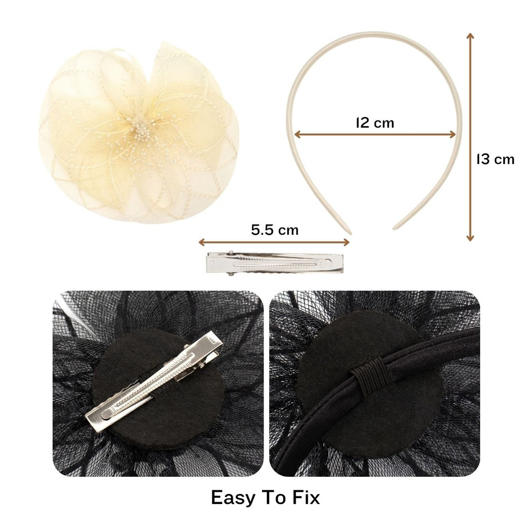 Radhu & Kabby Fascinator Hat for Girls/Women | Set of 1 Lemon Hat with Pearl & Mesh Bow Design | Includes Alligator Clip & Headband