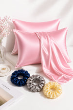 Load image into Gallery viewer, Radhu &amp; Kabby Satin Silk Pillow Covers with 3 Scrunchies | Hair Care Pillow Cover for Frizz Control &amp; Smooth Skin | Standard Size 72 x 48 cm