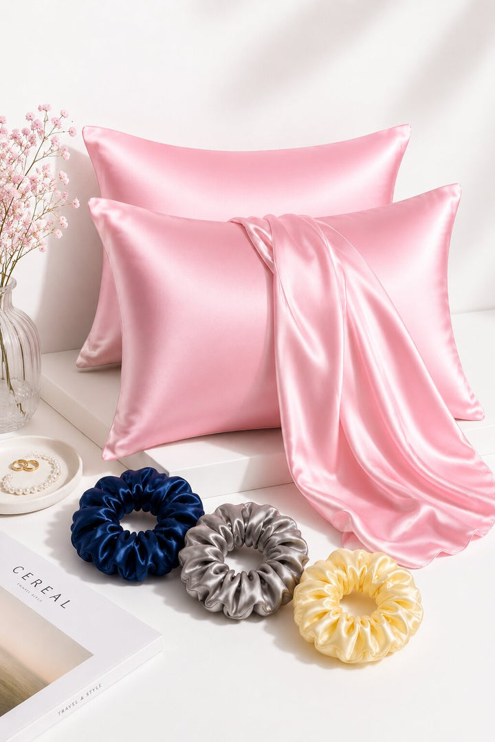 Radhu & Kabby Satin Silk Pillow Covers with 3 Scrunchies | Hair Care Pillow Cover for Frizz Control & Smooth Skin | Standard Size 72 x 48 cm