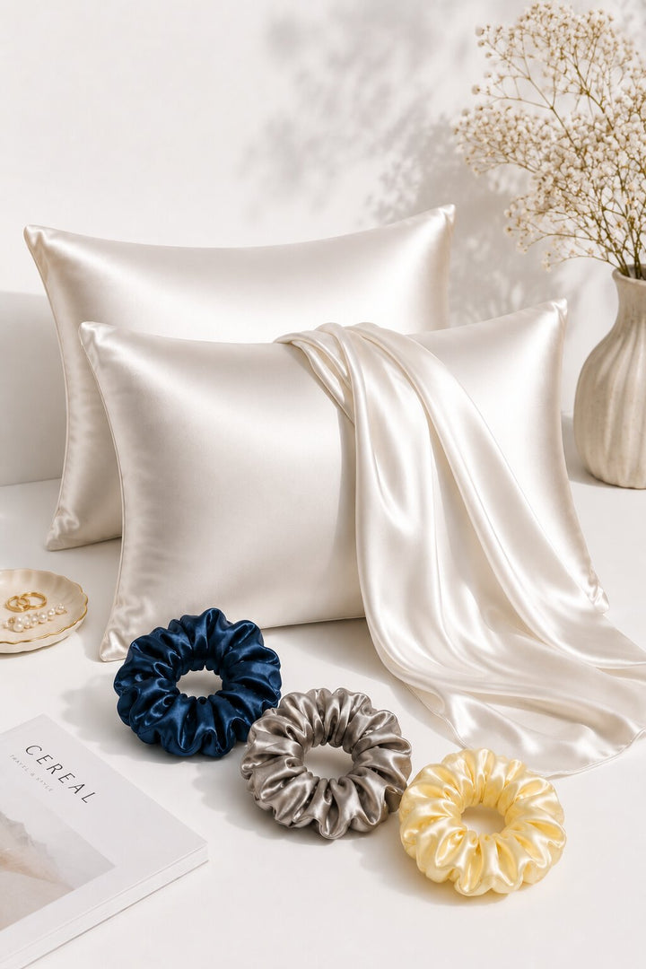 Radhu & Kabby Satin Pillow Covers with 3 Satin Scrunchies | Cool & Breathable Fabric with Zipper Closure | Standard Size 72 x 48 cm