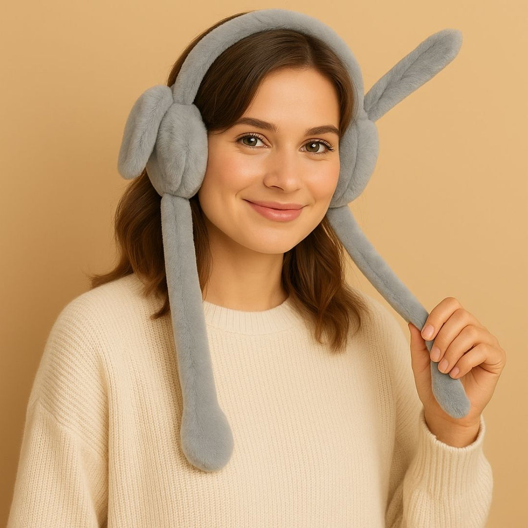 Radhu & Kabby Grey Bunny Ear Muffs | Warm, Furry & Lightweight for WinterWear | Pack of 1