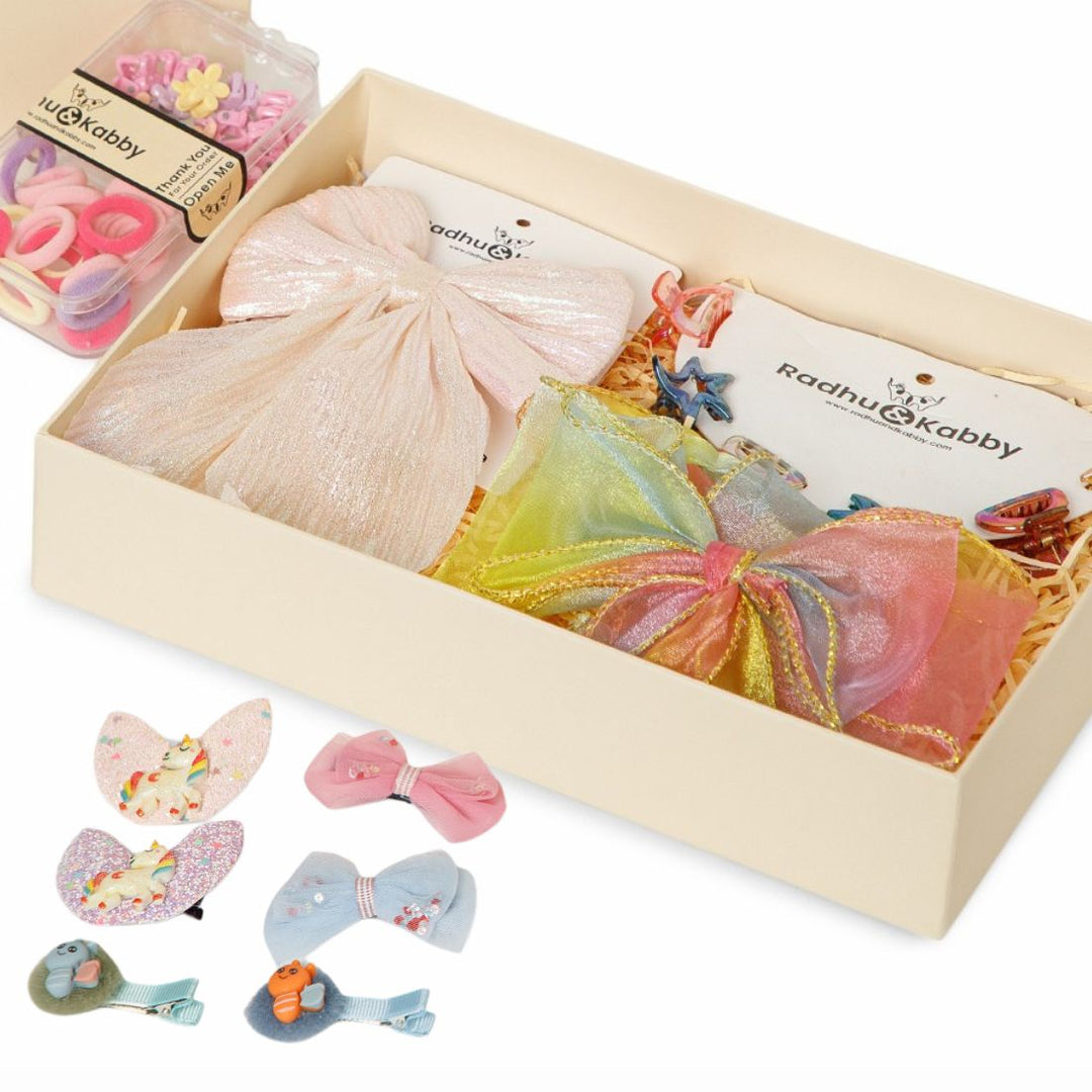 Radhu & Kabby Kids Special Gift Box | Stylish Hair Accessories with Bows, Clips, Rubber Bands & More