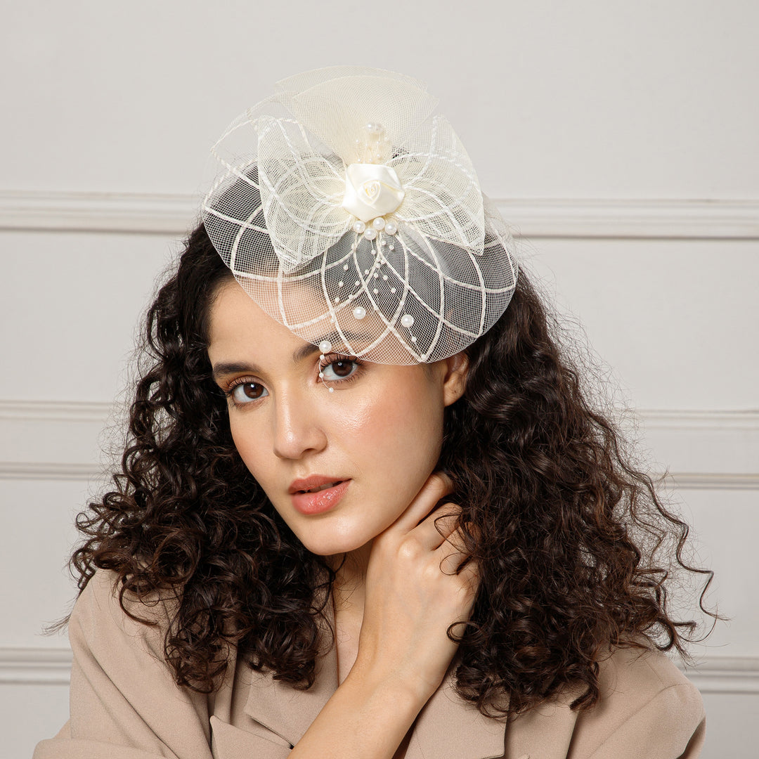 Radhu & Kabby Stylish Fascinator Hat for Girls/Women | Mesh & Pearl Detailing | For Special Events