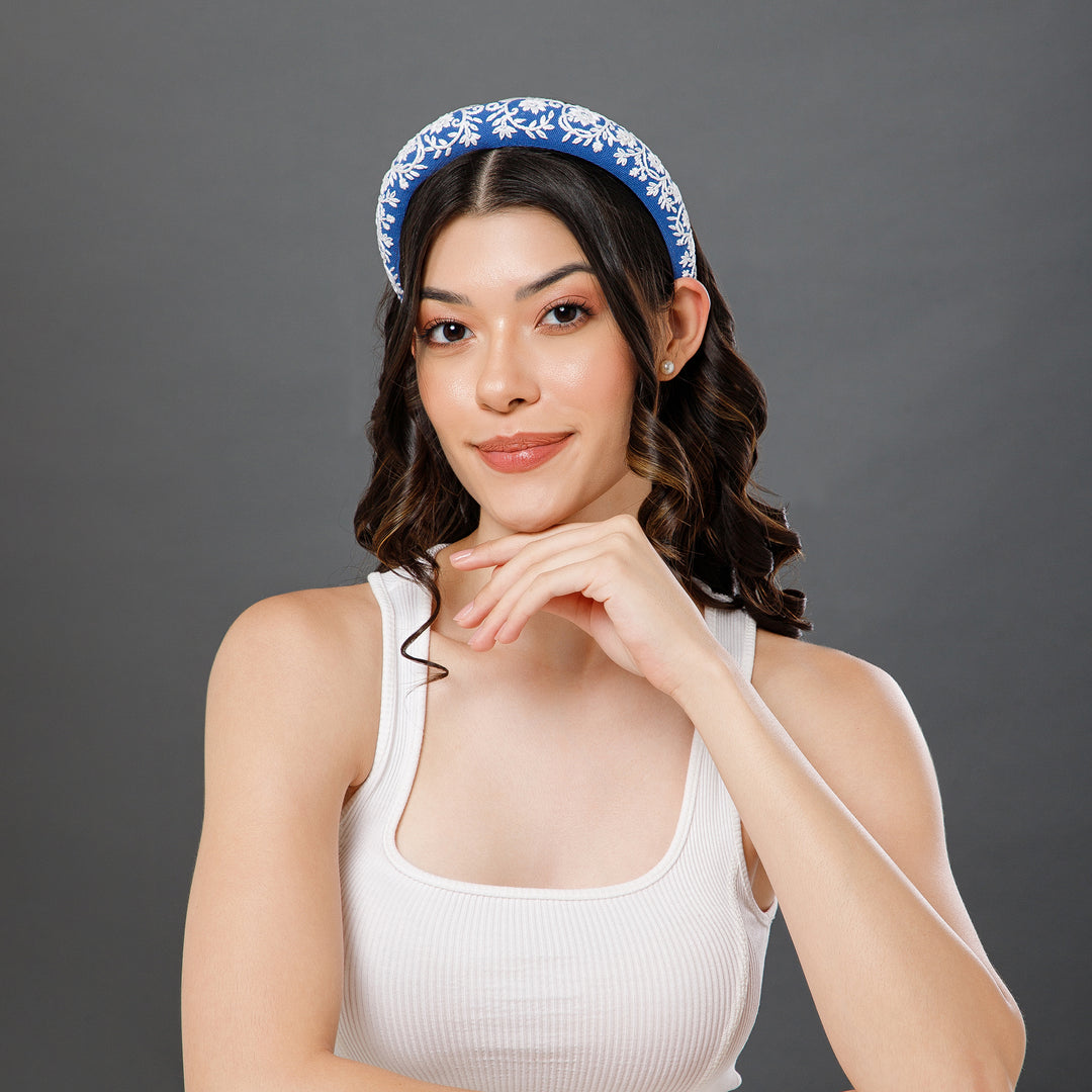 Radhu & Kabby Elegant Blue Hairband with White Floral Embroidery for Women & Girls