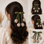 Load image into Gallery viewer, Radhu &amp; Kabby Beige Tulip Hair Bow Clip for Women | Satin Floral Tassel Hair Accessory | Pack of 1
