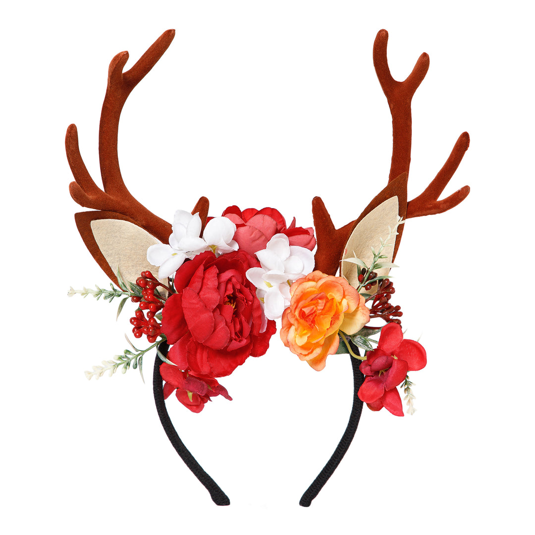 Radhu & Kabby Floral Antler Headband | Reindeer Hairband with Red, White & Orange Flowers | Perfect for Christmas, Parties, Photoshoots & Cosplay
