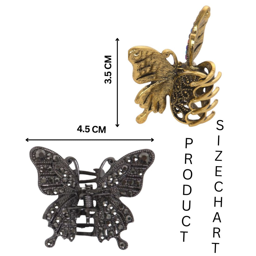 Radhu & Kabby Butterfly Metal Hair Claw Clip Set | Antique Gold & Black Stone-Styled Hair Accessories for Women/Girls