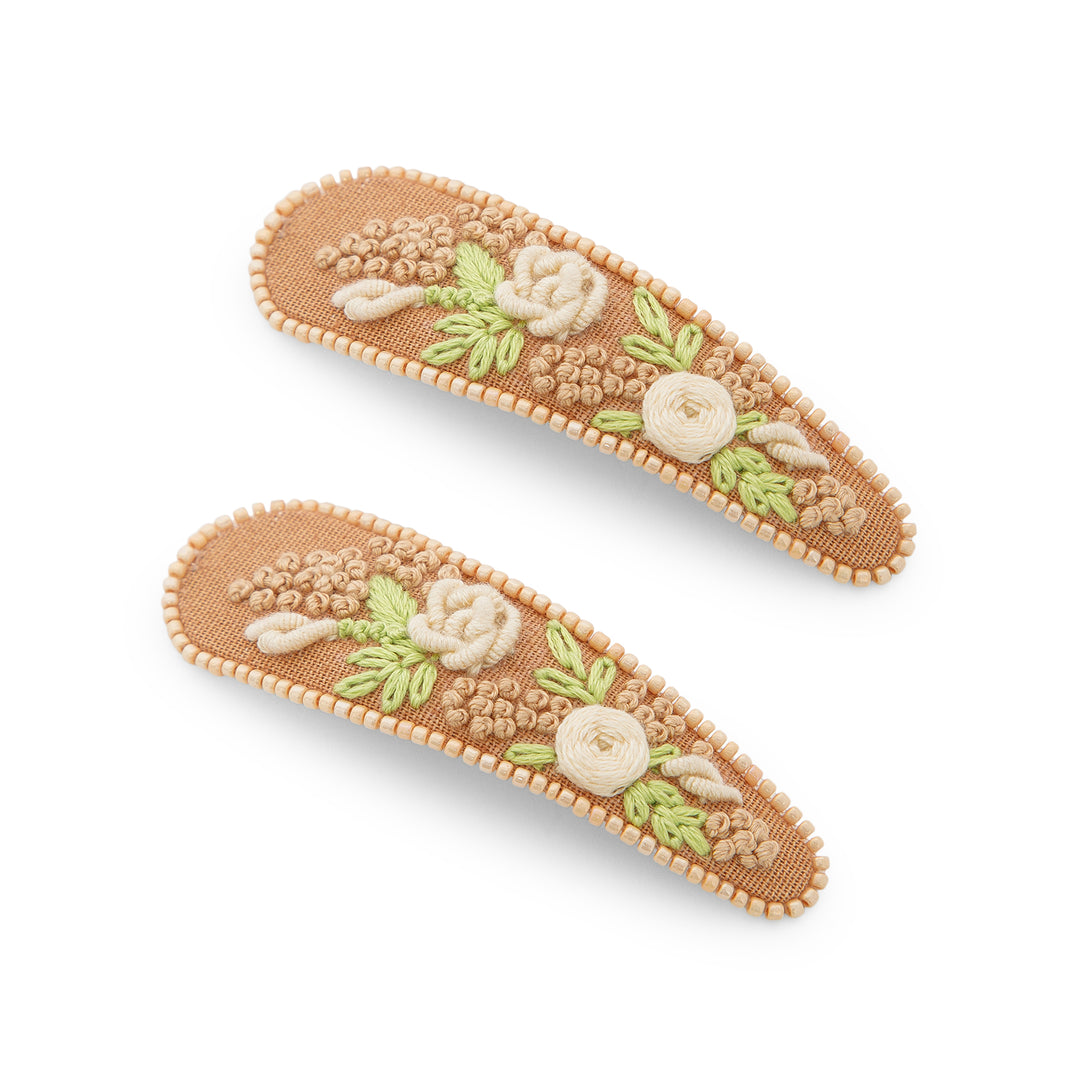 Radhu & Kabby Floral Embroidered Hair Clips | Beige Fabric with Cream Thread Roses & Beaded Edges