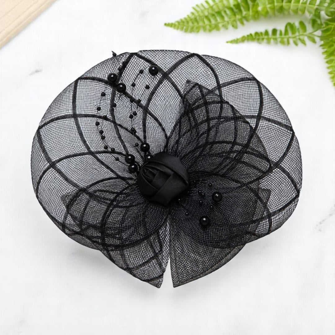 Radhu & Kabby Glam Black Fascinator Hat for Girls/Women | Floral Mesh & Pearl Detailing | Stylish Hairwear