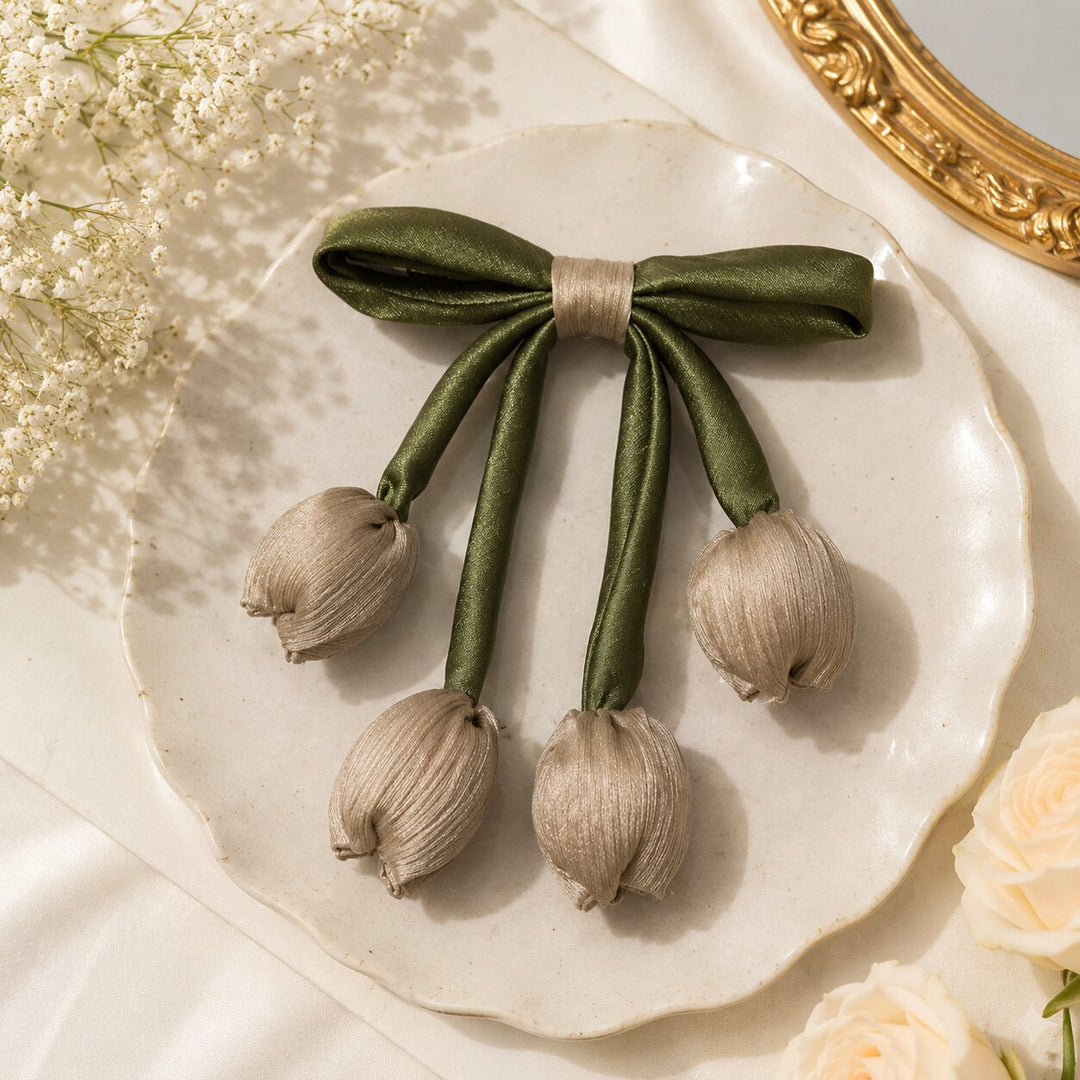 Radhu & Kabby Beige Tulip Hair Bow Clip for Women | Satin Floral Tassel Hair Accessory | Pack of 1