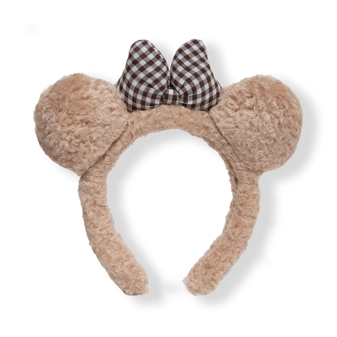 Kids' Teddy Bear Hairband with Checkered Bow Design Beige Colour One Piece