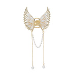 Load image into Gallery viewer, Butterfly Hair Clutcher with Pearl Chain and White Coloured Stones - Golden Finish
