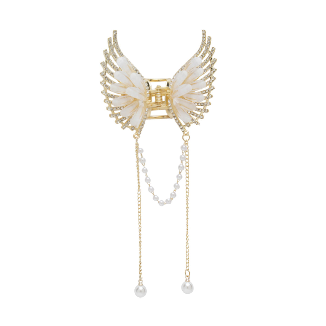 Butterfly Hair Clutcher with Pearl Chain and White Coloured Stones - Golden Finish