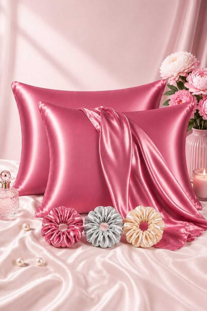 Radhu & Kabby Satin Pillow Covers with 3 Satin Scrunchies | Best for Hair, Skin & Beauty Sleep with Zipper Closure | Standard Size 72 x 48 cm