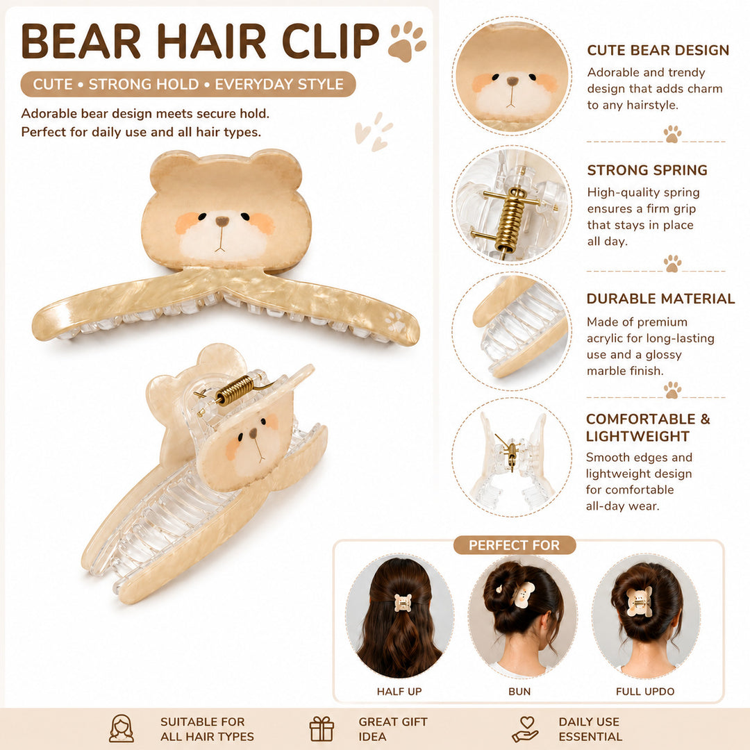 Radhu & Kabby Bear Design Hair Claw Clip for Women | Strong Hold Acrylic Hair Clutcher for Everyday Styling