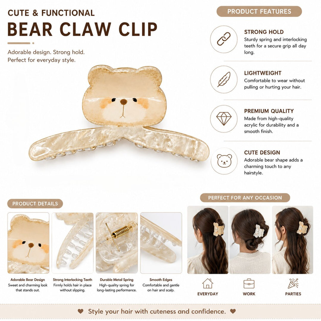 Radhu & Kabby Bear Theme Hair Claw Clip for Women |  Acrylic Hair Clutcher with Strong Grip for All Hair Type | 1 Pc