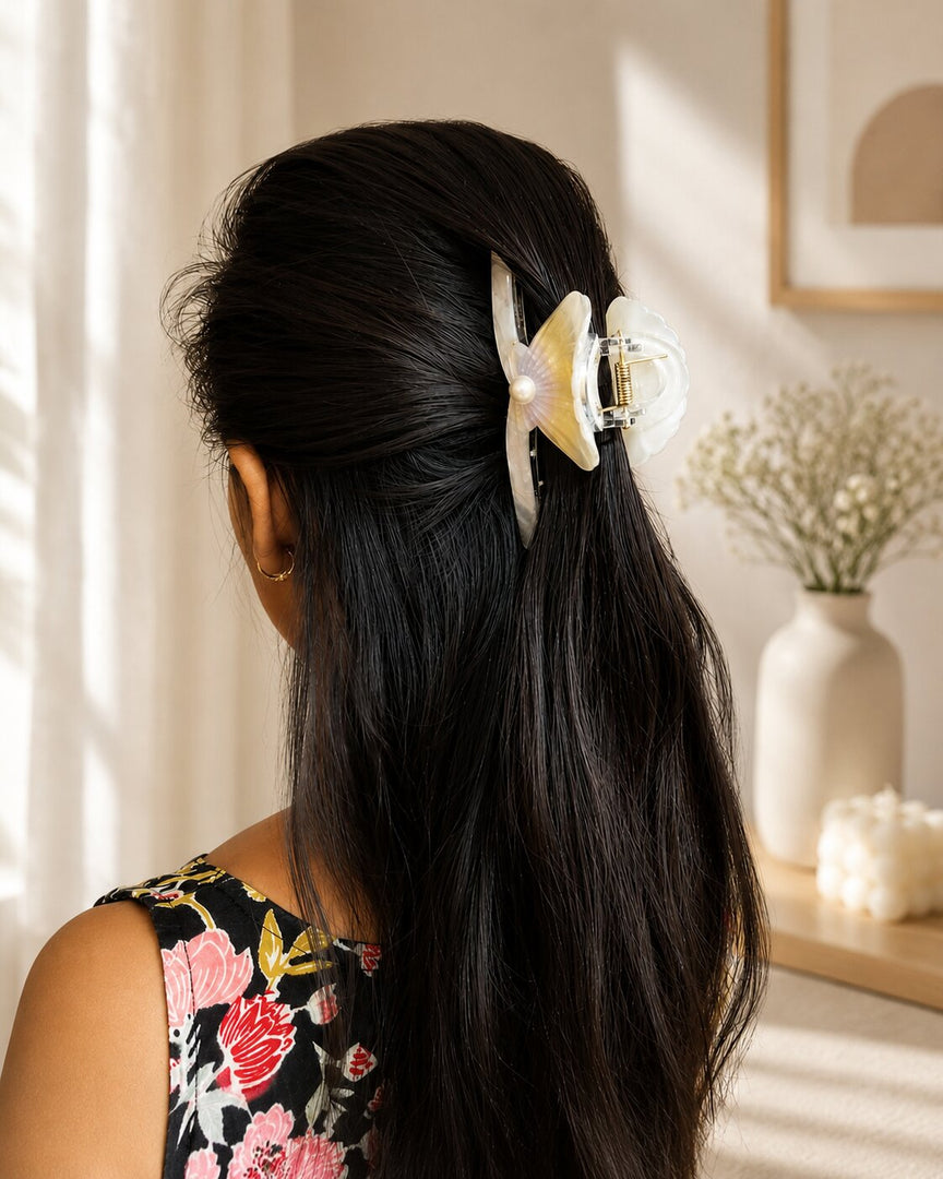 Radhu & Kabby Seashell Hair Claw Clip Set for Women | Pearl Accent Strong Hold Hair Clutchers