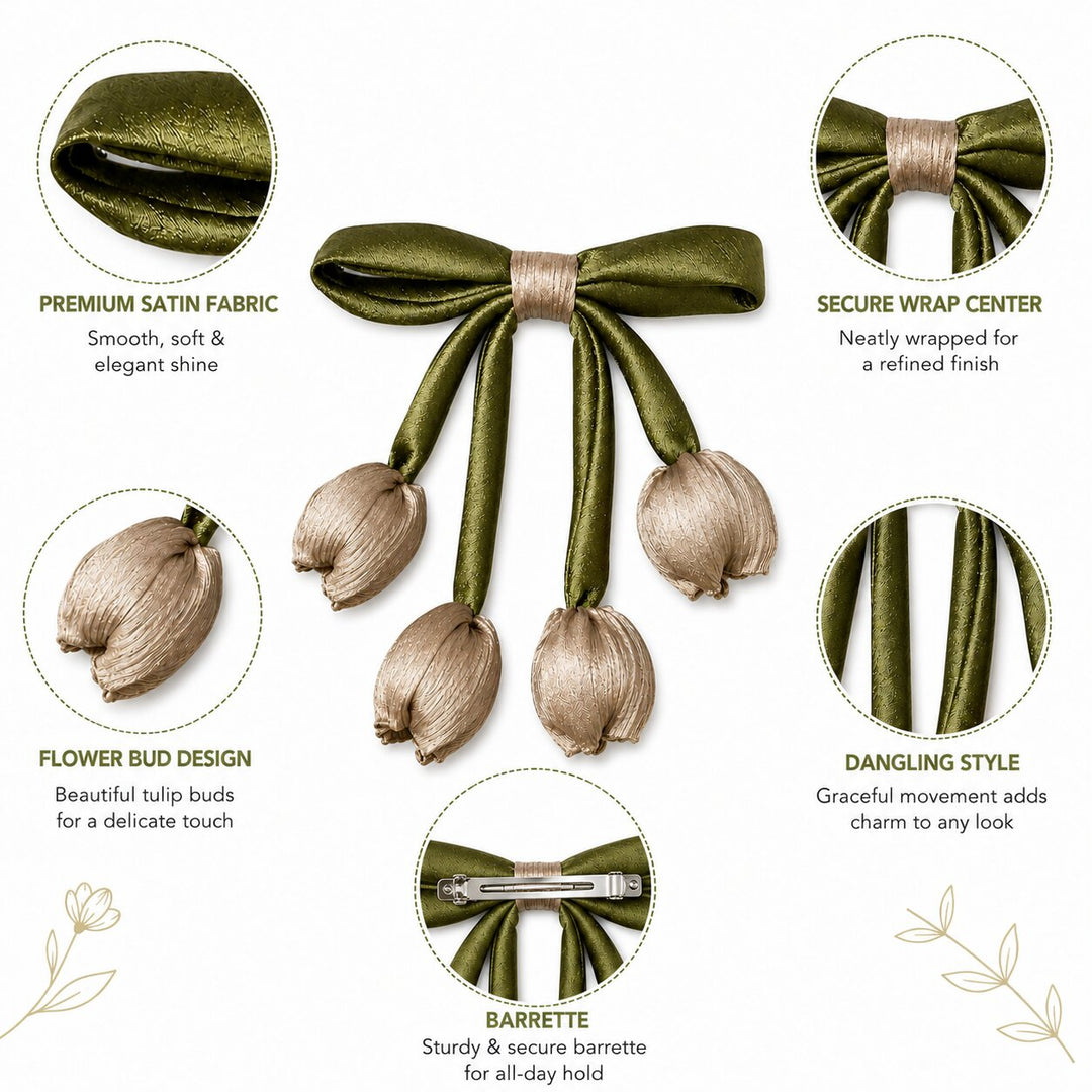 Radhu & Kabby Beige Tulip Hair Bow Clip for Women | Satin Floral Tassel Hair Accessory | Pack of 1